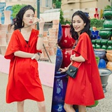 AudreyWang夏韩国女士红色连衣裙V领宽松A字廓形衬衫裙宽松欧美风