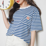 韩版夏装萌妹子条纹显瘦口袋贴布中袖T恤女 宽松学院风五分袖短袖