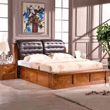 实木皮床榆木床纯实木床中式皮床厚重高箱储物床1.8米双人床原木