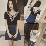 2016夏装新款韩版学生短袖女装V领修身竖纹显瘦单件针织衫潮流T恤