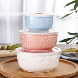 新品浮雕碗三件套装微波炉专用创意餐具陶瓷带盖碗密封保鲜饭盒