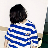 韩版原宿BF风情侣装夏装新款 蓝白条纹宽松半截袖中袖t恤女学生潮