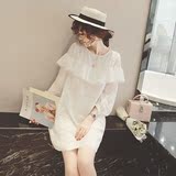 2016夏季新款女装韩版短裙长袖宽松大码女装雪纺白色连衣裙仙女裙