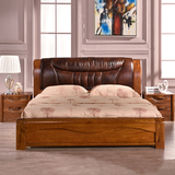 实木床 榆木床纯实木床 1.8米双人床 全实木中式真皮床高箱储物床
