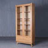 日式全实木双门书柜橡木5层书架现代简约收纳储藏柜带抽屉