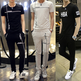 青少年夏季男士短袖t恤韩版纯棉运动套装圆领休闲长裤修身两件套