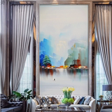 新中式写意油画艺术玄关风景壁纸现代室内装饰山水画墙纸巨幅壁画