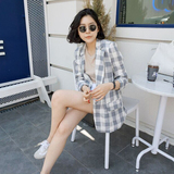 韩国代购2016春夏季亚麻小西装女中长款长袖显瘦休闲格子薄款外套