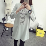 韩版秋季t恤中长款字母印花女装长袖上衣纯棉宽松百搭穿外打底衫
