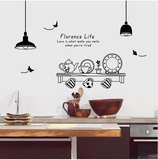 欧式墙壁贴纸 简约黑色吊灯碗具餐具 西餐厅厨房橱柜背景装饰贴画