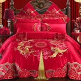 婚庆四件套 大红色龙凤刺绣贡缎床品套件纯棉1.8m米床结婚十件套