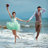 影楼婚纱韩版艺术拍照礼服主题服装绿色短裙海边沙滩情侣写真摄影