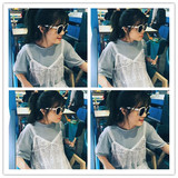 韩国春夏甜美学院风纯色女T恤吊带透视镂空蕾丝连衣裙两件套套装