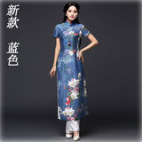 越南奥黛夏改良时尚长款旗袍大码修身真丝麻中国风复古旗袍连衣裙