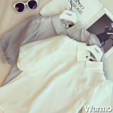warm2016春夏新款韩版修身灯笼袖翻领气质网纱袖雪纺衫短袖上衣女