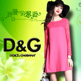 DG杜嘉班纳正品专柜代购春装宽松纯色简约一步圆领蕾丝拼接连衣裙