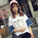 夏季新款韩版原宿风卡通刺绣字母狗头短袖T恤女学生拼接中袖上衣