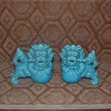 古玩古董古瓷器 厂货陶瓷 景德镇雕塑瓷厂 孔雀蓝狮子一对摆件