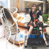 2016春夏新款 韩版交叉绑带高跟鞋 气质绒面方头细带粗跟单鞋