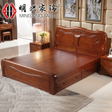 现代中式实木床橡木床1.8米双人床1.5米高箱储物床全实木床带抽屉