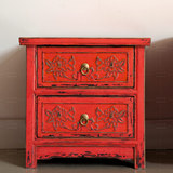 新中式明清仿古粉红色原木彩漆做旧雕花复古床头柜卧室松木家具