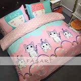 起司猫粉色全棉四件套纯棉女孩儿童卡通花卉床上用品床单被套包邮