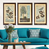 原版美式客厅三联挂画花鸟有框装饰画美式乡村组合壁画植物花卉