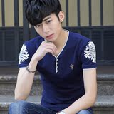 夏季新款印花短袖T恤男士韩版修身纯棉V领弹力体恤半袖青少年夏装