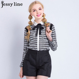 jessy line2016春装新款 杰茜莱领结装饰潮流印花衬衫 女休闲衬衣