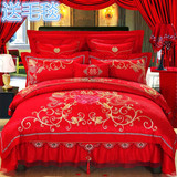 大红色婚庆四件套全棉刺绣花床上用品结婚龙凤纯棉贡缎1.8m2.0m床