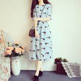 2016夏装女韩版可爱沙皮狗图案印花宽松短袖雪纺气质中长连衣裙子