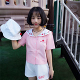 2016夏季新款韩版大翻领学院风可爱女生刺绣草莓短袖海军领衬衣