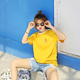 2016韩国新款夏装 宽松莫代尔领口拼色糖果扣子学生圆领短袖T恤女