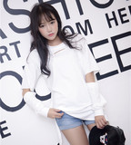 新2016韩国镂空宽松长袖白色T恤女中长款前短后长圆领学生上衣夏