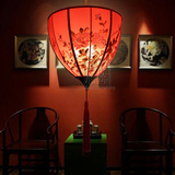 新中式吊灯布艺手绘灯笼国画大红色莲蓬茶楼餐厅酒店走廊工程灯具