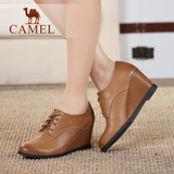 Camel骆驼女鞋 休闲时尚 深口圆头高跟系带真皮坡跟女鞋新款