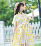 日系可爱黄色格子 少女感软妹刺绣 森林系中长款短袖连衣裙