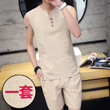 【天天特价】中国风无袖亚麻t恤复古棉麻T恤套装男士夏季运动男装