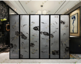 新中式手绘写意荷花鱼白色素雅漆画酒店茶馆实木边框折叠禅意屏风