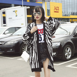2016春秋韩版新款女装宽松显瘦黑白条纹针织衫中长款长袖开衫毛衣