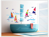墙贴纸可移除 儿童房洗手间宝宝游泳馆装饰壁画 卡通帆船海鸥壁纸