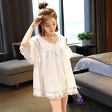 韩国东大门代购女装夏装刺绣镂空宽松中长款蕾丝雪纺衫上衣两件套