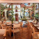 欧式小镇风景奶茶咖啡店壁纸餐厅沙发背景墙纸复古油画大型壁画