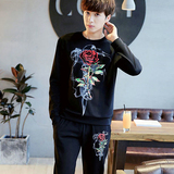 男士休闲套装新款韩版时尚潮玫瑰花印花型男修身长袖百搭长裤套装
