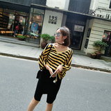 韩国代购2016秋装新款韩版V领条纹宽松大码蝙蝠袖T恤女中长款上衣