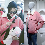 2016秋冬韩版迪丽热巴明星同款加厚粉色灯芯绒羊羔毛外套