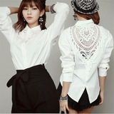 白衬衫女长袖 2016韩国新款时尚大码宽松蕾丝镂空纯棉打底上衣潮