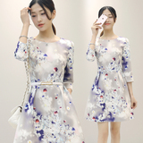2016春装新款韩版女装 时尚印花修身七分袖中长款连衣裙A字裙女