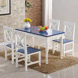 地中海实木餐桌椅组合松木欧式田园蓝色饭桌6人多人餐桌椅餐台