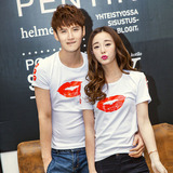夏季韩版修身嘴唇半袖涂鸦印花情侣装小清新男女圆领短袖T恤学生